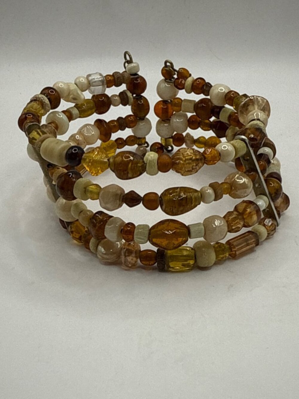Vintage Boho Beaded Cuff Bracelet Brown Amber Cream Multi-Strand Layered
